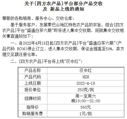 关于四方农产品平台部分产品交收及新品上线的通知 