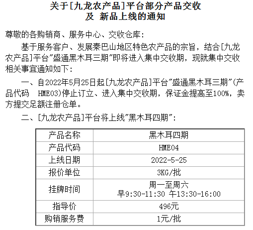 关于[盛通九龙农产品]平台部分产品交收 及 新品上线的通知