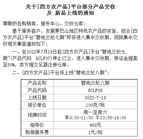 盛通四方关于四方农产品平台部分产品交收及新品上线的通知 