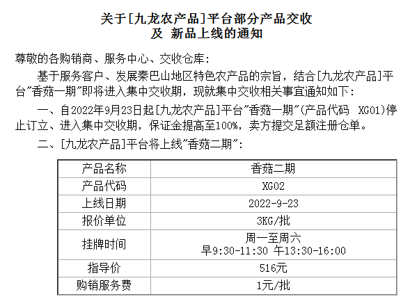 盛通四方[九龙农产品]平台部分产品交收 及 新品上线的公告